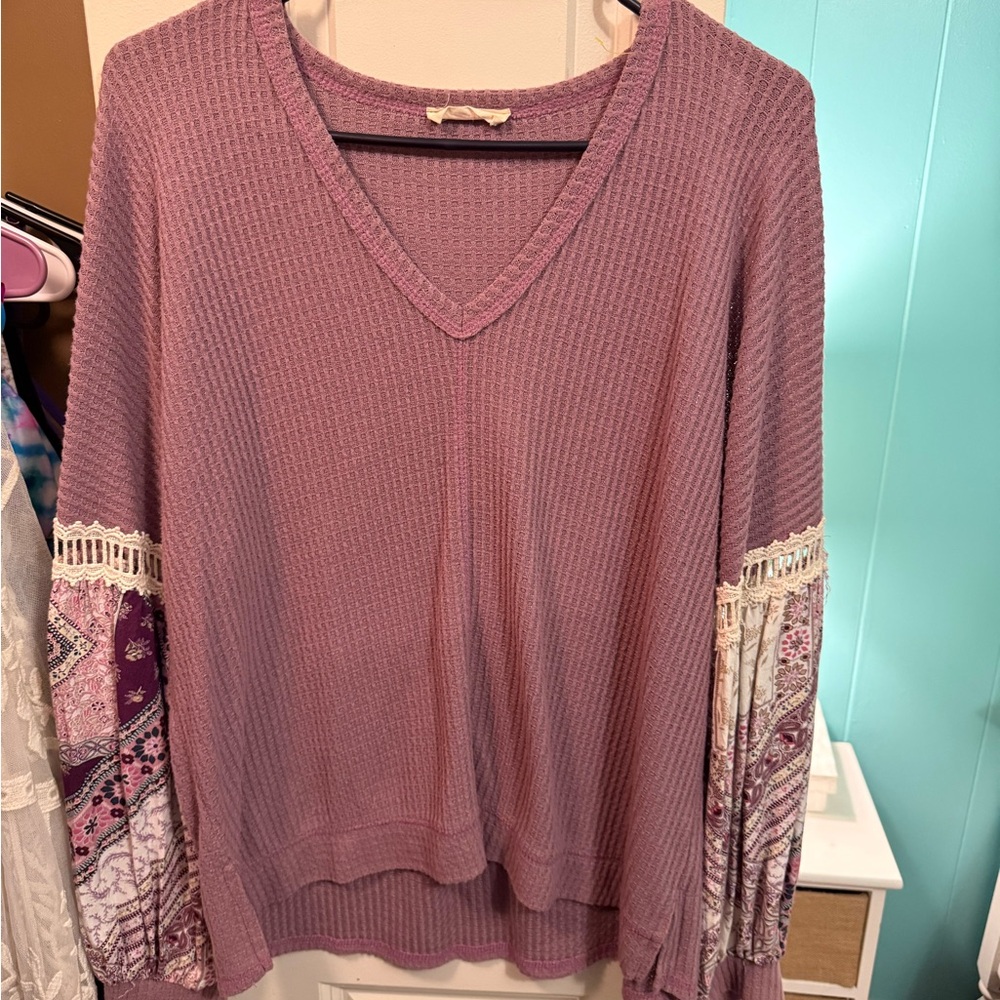 Purple V-Neck Sweater with Patterned Sleeves